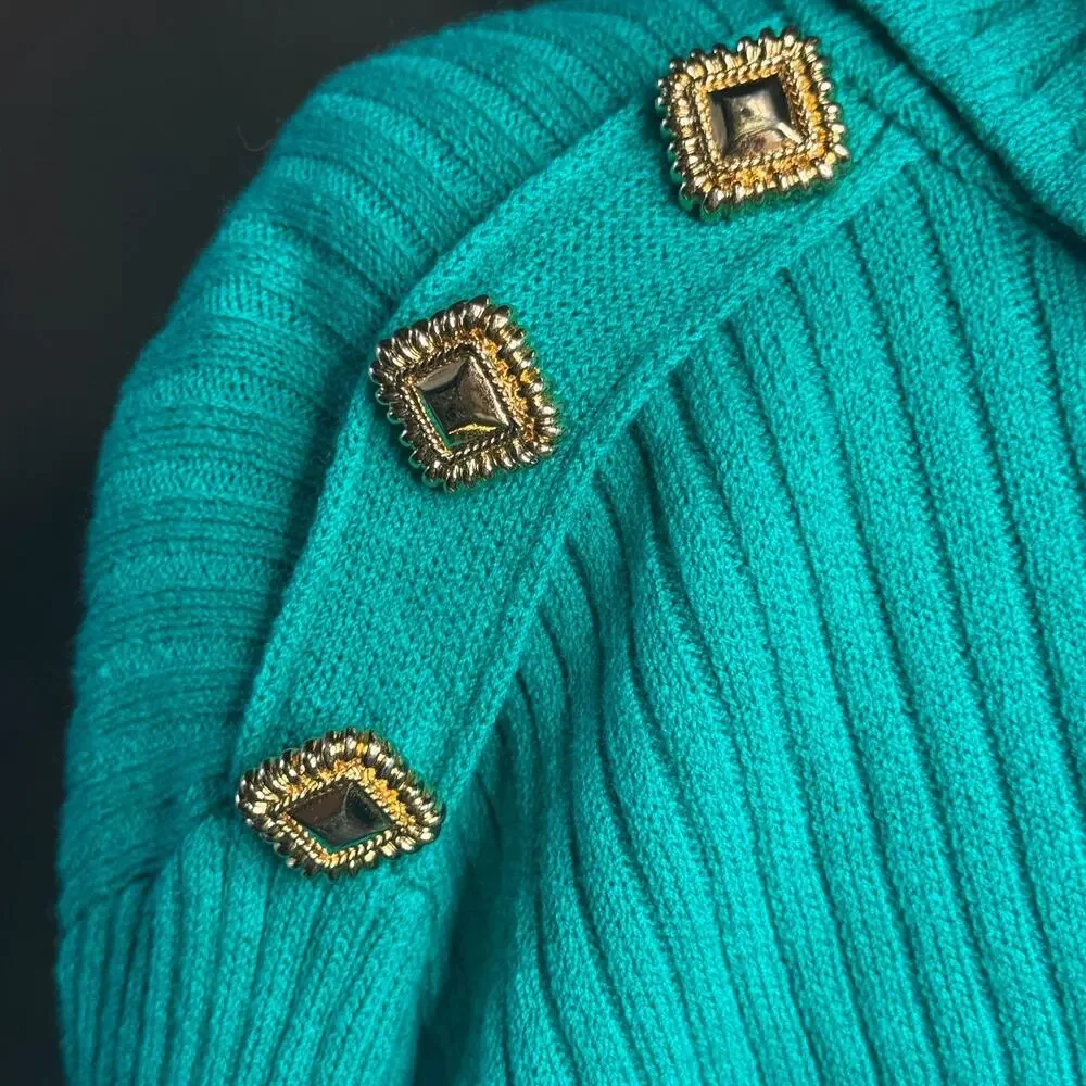 Vintage St. John Collection by Marie Gray Sweater Gold Button Teal Green Size M